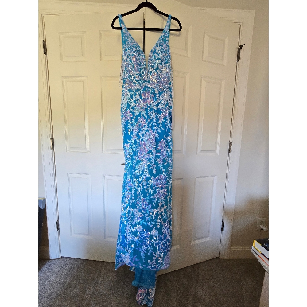 Ellie Wilde Blue Aqua Sequin Mermaid Dress - Picture 2 of 5